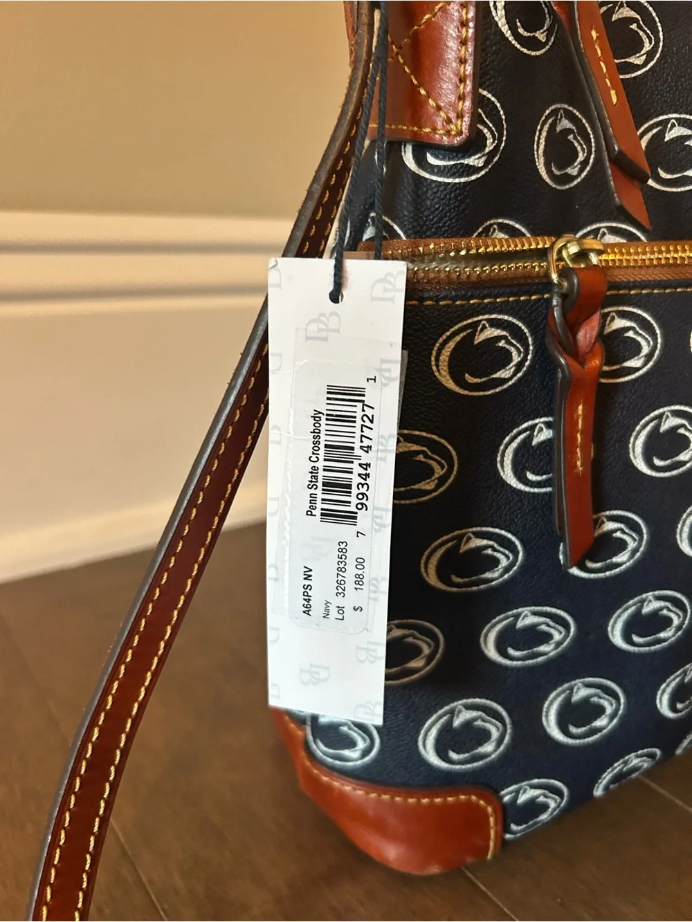 Dooney & Bourke Navy Logo Crossbody with Brown Leather Trim
